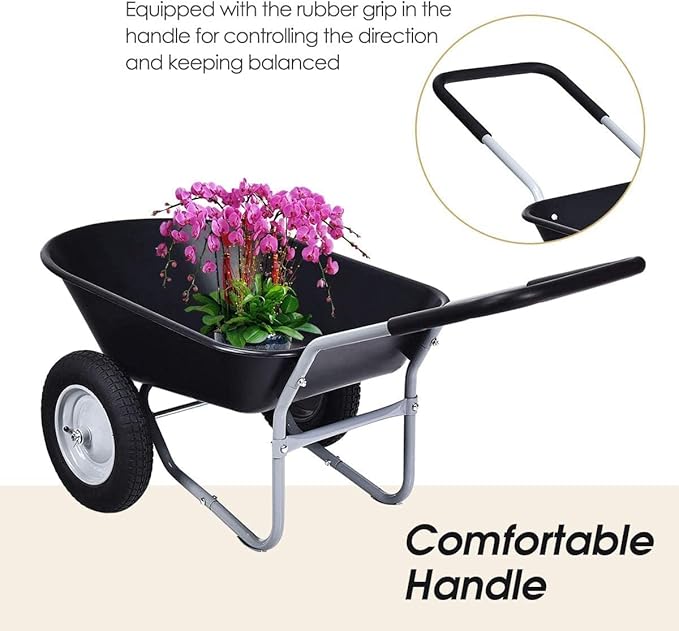 S AFSTAR 2 Wheels Wheelbarrow, Heavy Duty Garden Cart w/Two 13-inch Pneumatic Tires, 330 lbs Capacity, Utility Cart for Outdoor Lawn Yard Farm Ranch (Black)
