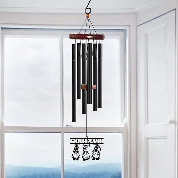 Personalized Customize Name Gnome Wind Chime, Metal Iron 37 Inch Outdoor Memorial Gift for Garden Yard Patio Home Decor, Black，Christmas (Style F)