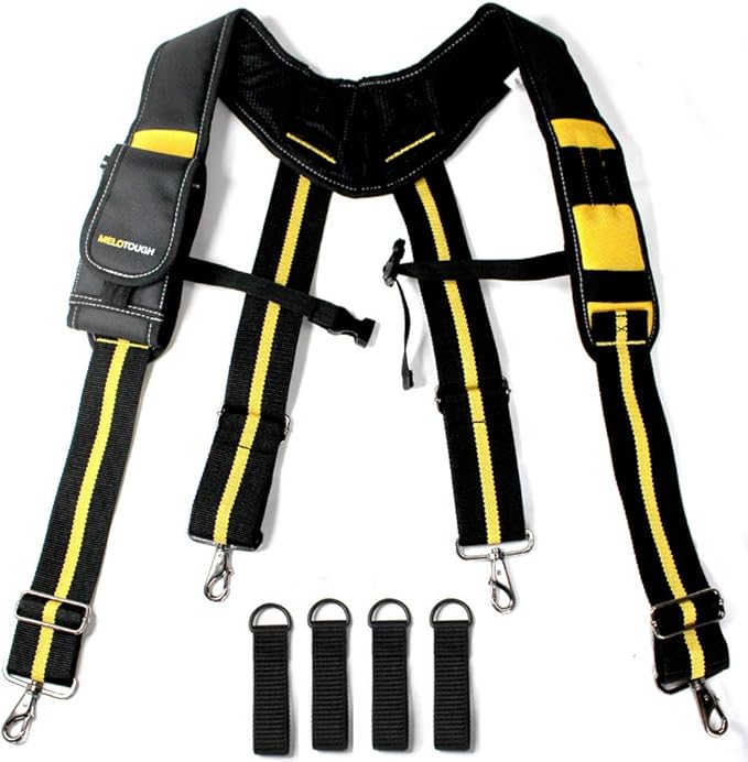MELOTOUGH Tool Belt Suspenders with Padded Foam Adjustable Shoulder Straps, Large Phone Holder, Key Chain, Suspenders Loop Adjustable for Carpenter Suspenders Rig