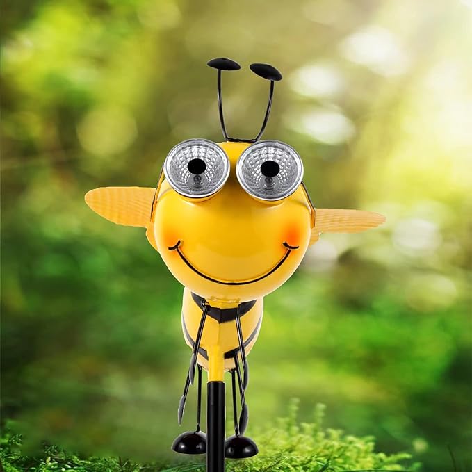 Metal Bee with Solar Light Eyes Bee Yard Art Garden Decorations - Decorative Garden Stakes for Garden Lawn Fence Backyard Patio Outdoor Wall Art Gifts