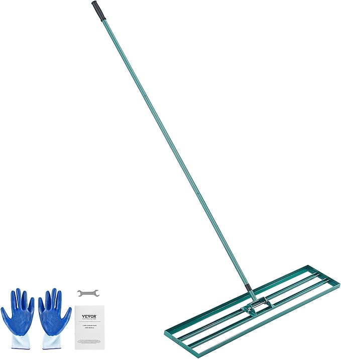 VEVOR Lawn Leveling Rake, 48""x10"" Level Lawn Tool, Heavy-Duty Lawn Leveler with 78"" Steel Extended Handle, Yard Leveling Rake Suit for Garden, Golf Lawn, Farm, Green