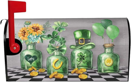 Irish St. Patrick's Day Shamrock Mailbox Cover, Green Clover Bottle Magnetic Mailbox Cover, 21x18 in Sunflower Hat Balloon Mailbox Wrap Decorative for Garden Yard Home