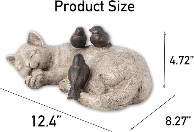 Comfy Hour Loving Memory Collection 12" Length Garden Accent Decorative Sparrows On Cat Figurine, Polyresin Statue Stone Looking