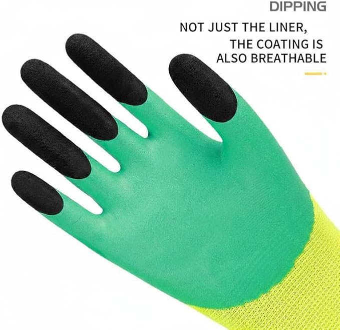 Pro L538 Safety Work Gloves, Green and Yellow, Latex Rubber Coated, Size 8, for Construction, Gardening, Warehouse, Assembly