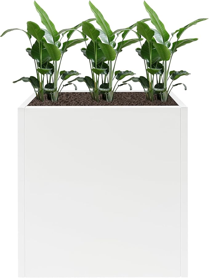 Metallic Heavy Outdoor/Indoor Planter Box, Seamless Large Metal Planter for Tall Trees, Plants, Flowers, No Assembly Required (White, 24 * 10 * 24 inch)