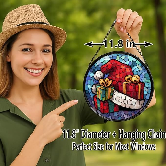 Stained Glass Window Hanging – 11.8 in Santa Hat Gifts Panel with Chain， Bathroom Front Door Living Room Garden Decor， Gift for Mom Wife Lovers