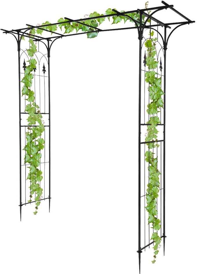 7FT Metal Garden Arch Trellis, Heavy Duty Metal Garden Arbor with Stakes for Climbing Plants Outdoor Patio, Stable Trellis Arch for Wedding Ceremony Party, 81" L x 16" W x 82" H, Black, 13mm