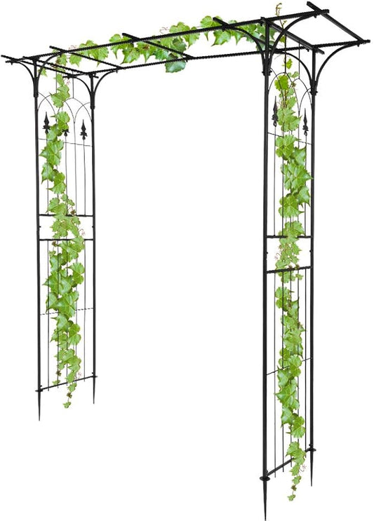 7FT Metal Garden Arch Trellis, Heavy Duty Metal Garden Arbor with Stakes for Climbing Plants Outdoor Patio, Stable Trellis Arch for Wedding Ceremony Party, 81" L x 16" W x 82" H, Black, 13mm