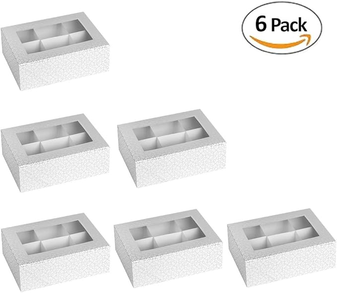 Hammont Window Box with Six Sections - 6 Pack - 7”x5”x2.5” - Silver Colored Versatile Bakery Boxes Perfect for sharing Snacks and Cookies | 6 Insert Sections Gift Boxes