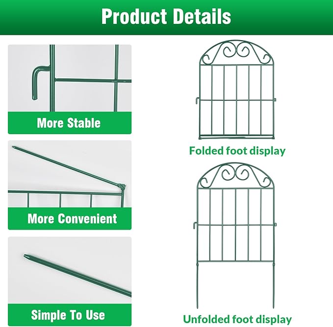 ADAVIN 10 Panels Collapsible Garden Fence Animal Barrier,11 Ft(L) x 24 in(H) Green Rustproof Metal Wire Panel Border for Dogs Rabbits, Flower Edging for Landscape Patio Yard Outdoor Decor, Arched