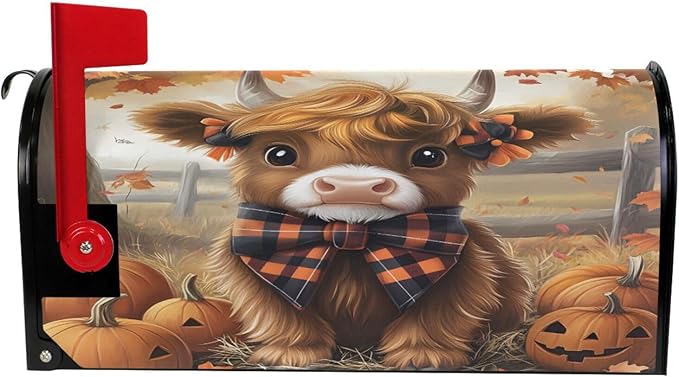 Autumn Highland Cow Fall Pumpkin Magnetic Mailbox Cover MailWraps Garden Yard Home Decor for Outside Standard Size-18"x 20.8"