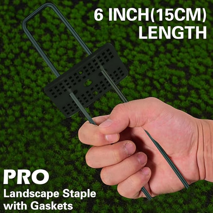 Bakulyor 100 Pcs Green Artificial Turf Stakes Anchor + 100 Pcs Buffer Washer, 6 Inch 11 Gauge Landscape Staples, Galvanized Lawn Spikes, Heavy Duty Yard Ground Pin for Grass Weed Barrier Sod Fabric