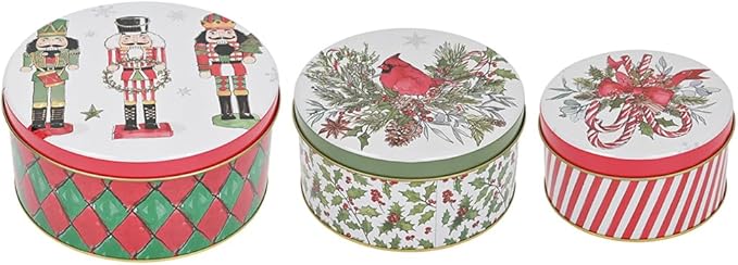 Christmas Cookie Tin Set of 3 Decorative Metal Storage Tin Boxes with Lids for Home Decor Memory Boxes for Keepsakes and Photos(GreenRed)