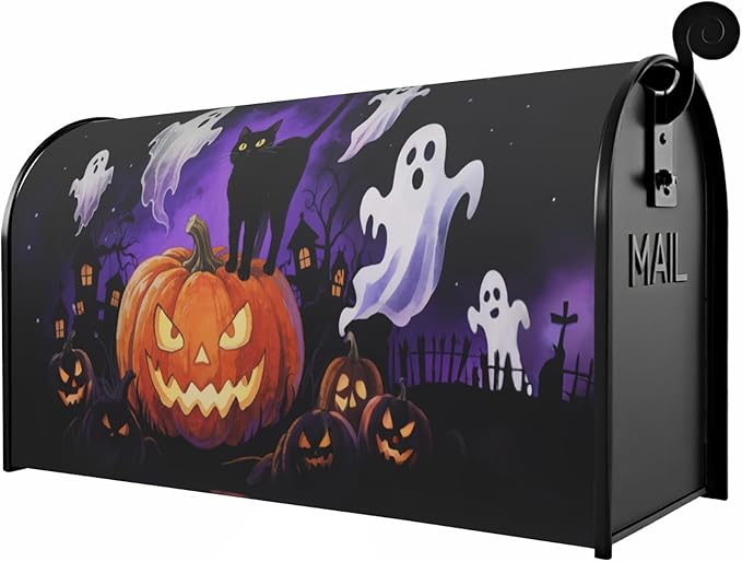 Halloween Spooky Ghost Pumpkin Mailbox Covers Magnetic Standard Size Black Cat Mailbox Wraps Holiday Themed Outdoor Decorative Letter Box Cases for Home Garden Outside Decor, 21x18 Inch