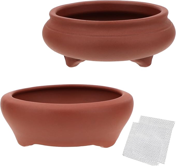 Bonsai Planter 2 pc 3.7" + 3.9" Unglazed Round Ceramic Succulent Pots Set