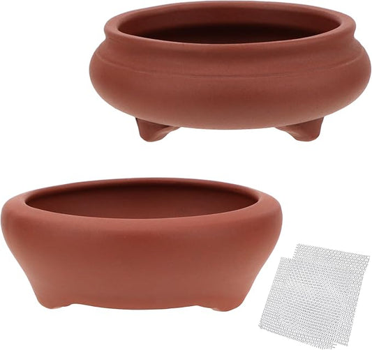 Bonsai Planter 2 pc 3.7" + 3.9" Unglazed Round Ceramic Succulent Pots Set