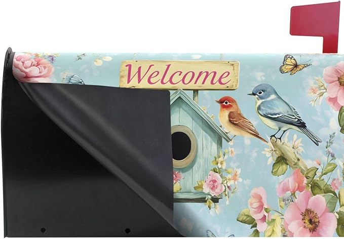 ALAZA Welcome Spring Birds Flowers Floral Magnetic Mailbox Cover Birdhouse MailWraps Garden Yard Home Decor for Outside Oversized-25.5" x20.8"