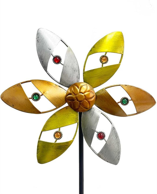 Wind Spinners Outdoor Metal, 10.63" W*37" H Pinwheels for Yard and Garden Decor, Kinetic Wind Sculpture Spinner (Gold Ornate Crystal Bead)