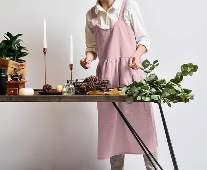 NEWGEM Cotton Linen Cross Back Apron for Women with Pockets Cute Japanese Korean Style Pinafore Dress Pink