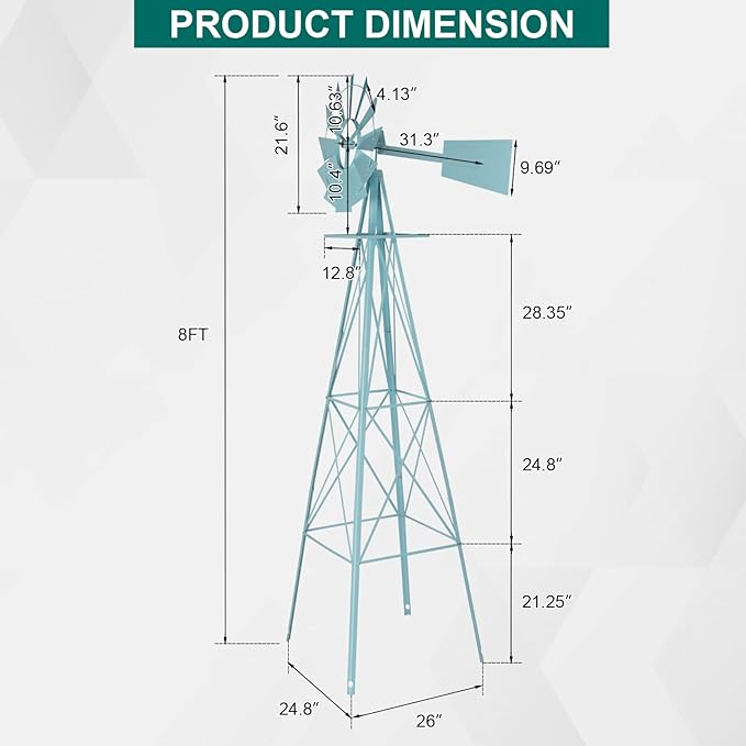 VINGLI 8FT Ornamental Windmill Backyard Garden Decoration Weather Vane, Heavy Duty Metal Wind Mill w/ 4 Legs Design,Light Blue