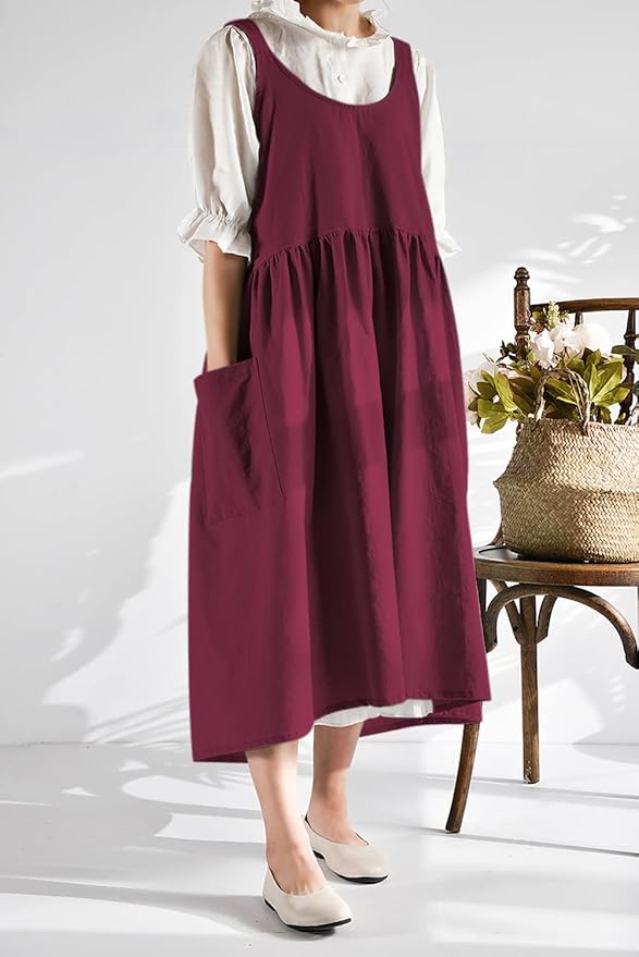 NEWGEM Cotton Linen Cross Back Apron for Women with Pockets Cute Japanese Korean Style Pinafore Dress Purplish Red