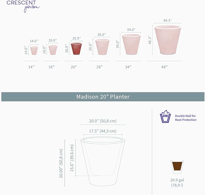 Crescent Garden Madison Planter– Weather-Resistant, Double Walled Indoor/Outdoor Plant Pot with Drain Hole – Durable All-Season Flower Container, 20" W (Bark)