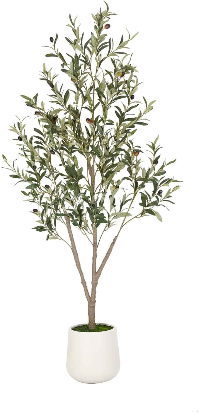 Olive Trees Artificial Indoor, 5 ft Faux Olive Tree with White Planter, Artificial Plants with Natural Wood Trunk and Lifelike Fruits for Home Office Decor