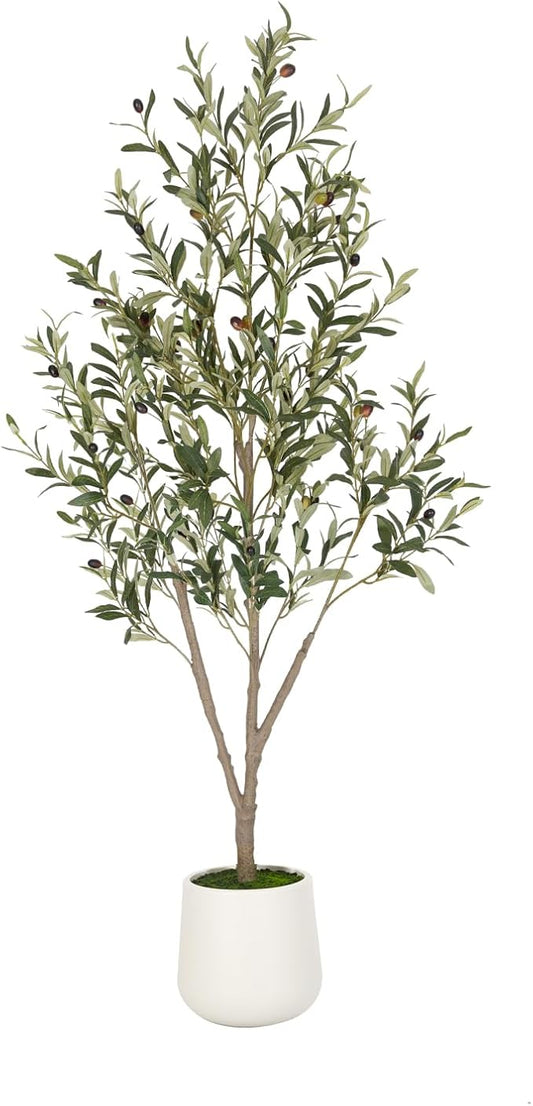 Olive Trees Artificial Indoor, 5 ft Faux Olive Tree with White Planter, Artificial Plants with Natural Wood Trunk and Lifelike Fruits for Home Office Decor