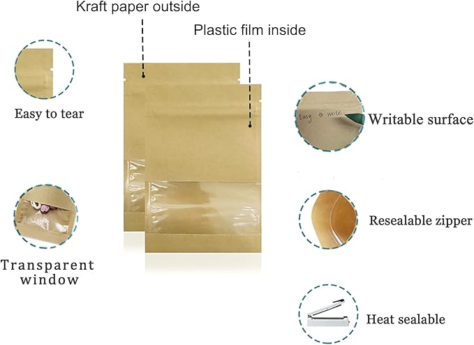 PABCK 1000 Pack 2.7x3.5 inch (Inner Size 2.36x2.36 inch) Clear Window Brown Kraft Paper for Zip Seed Packets Lock Food Storage Bags Zipper Lock Seeds Envelopes Resealable Heat Seal Pouch Coffee Packet