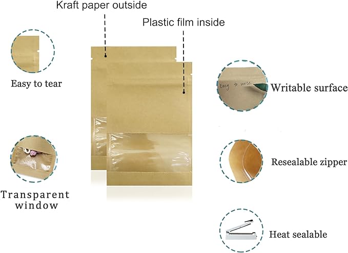 PABCK 100 Pack (Inner Size 2.36x2.36inch) Clear Window Airtight Seed Packets Brown Kraft Paper Envelopes for Zip Food Storage Lock Small Bags Zipper Seal Resealable Heat Seal Pouch Coffee Packaging