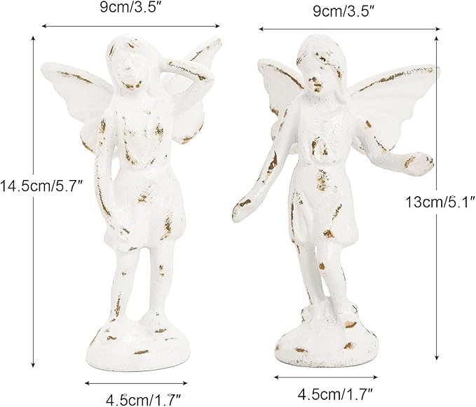 Sungmor Cast Iron Angel Statue, Set of 2 Rustic White Garden Fairy Figurines, Creative Angel Pixie Collection Home Office Desk Decor, Indoor Outdoor Fairy Garden Accent Ornament