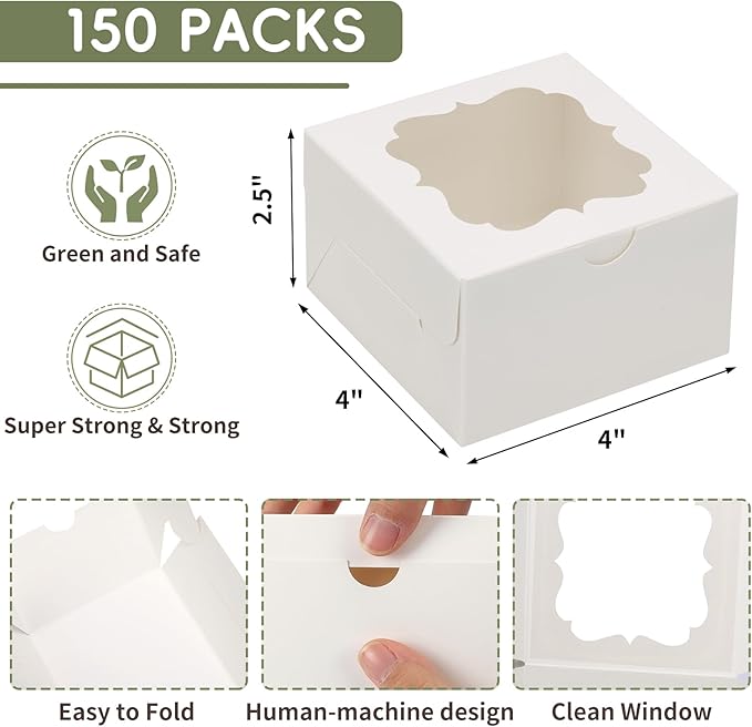 TOMNK 150pcs White Cookie Boxes with Window,4x4x2.5 Inch Small Bakery Boxes, 3 Style, for Dessert, Chocolate Strawberries Donuts and Party Favor