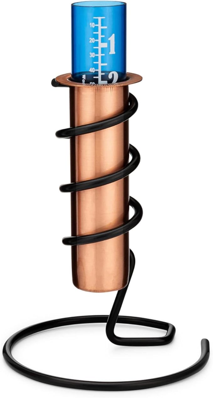 WCRG Copper Rain Gauge for Yard, Freestanding Steel Base - Outdoor Sprinkler Gauges, Shatterproof, Winter-Safe, Accurate, Decorative - The Original Floating Rain Gauge, USA Assembled & Designed