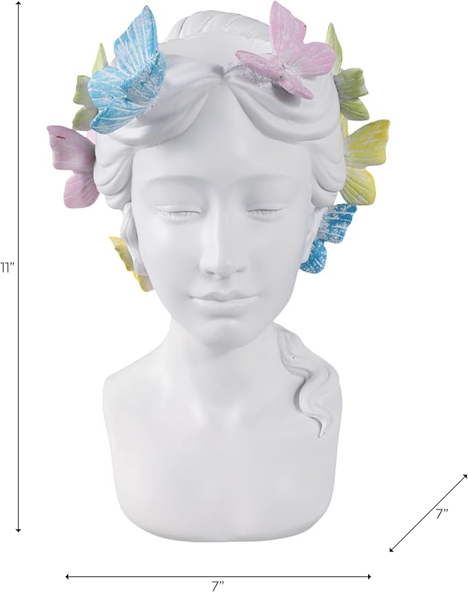 Planter and Flower Pot for Home Decor – Whimsical Plant Pot for Indoor or Outdoor Use with Butterfly and Face Sculpture – Modern Indoor Plant Stand Ideal for Garden and Patio Accent – 11" White