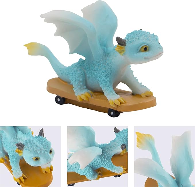 Dragon Statue on Skateboard - Mini Figurine, Resin Home Decor, Cute Ornament, Lucky Animal Garden Statue for Micro Landscape