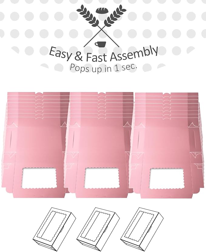 qiqee 50Pcs Pink Cookie Box with Window 9x6x2.5 inch Pastry Macaron Bakery Box For Packaging