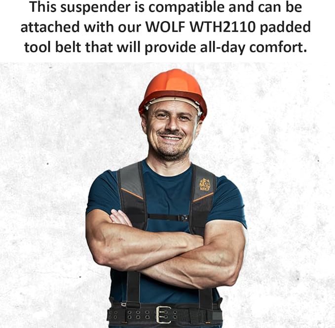 WOLF WTH2115 Padded 4-point Suspenders for Tool Work Belt | Universal Breathable Comfort Lightweight | Contractors Handyman | Pain Stress Relief Weight Distribution