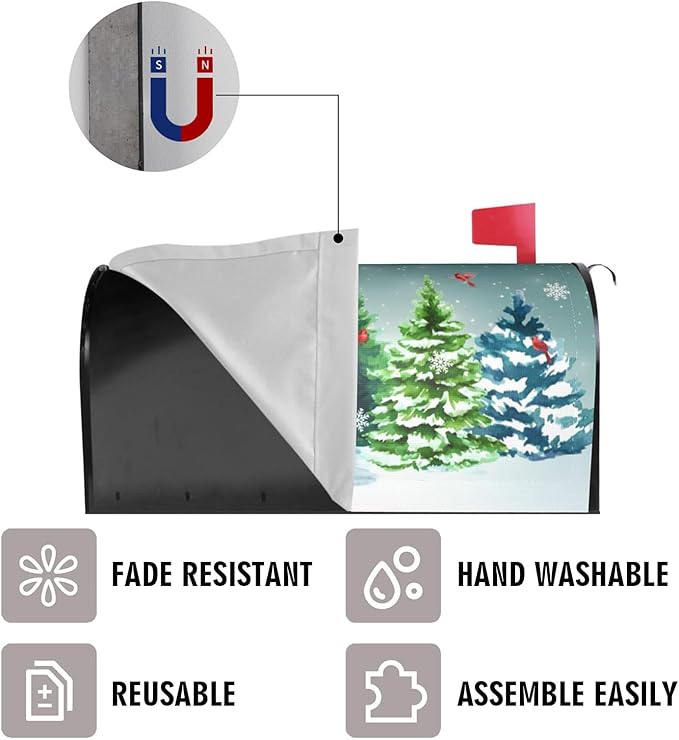 Pine Tree Winter Welcome Christmas Mailbox Cover, Xmas Cardinal Snow 25.1" Lx 21" W Magnetic Mailbox Cover, Green Forest Red Bird Large Post Letter Box Wrap Decoration for Yard Garden