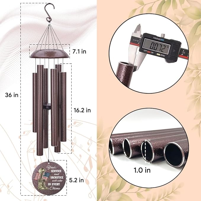 36inch Personalized Wind Chimes, Memorial Wind Chimes for US Veteran, Wind Chime for Loss of Loved Dad, Sympathy Memorial Gifts, Thank You Veteran Solider, Outdoor Decor (Produced in USA)