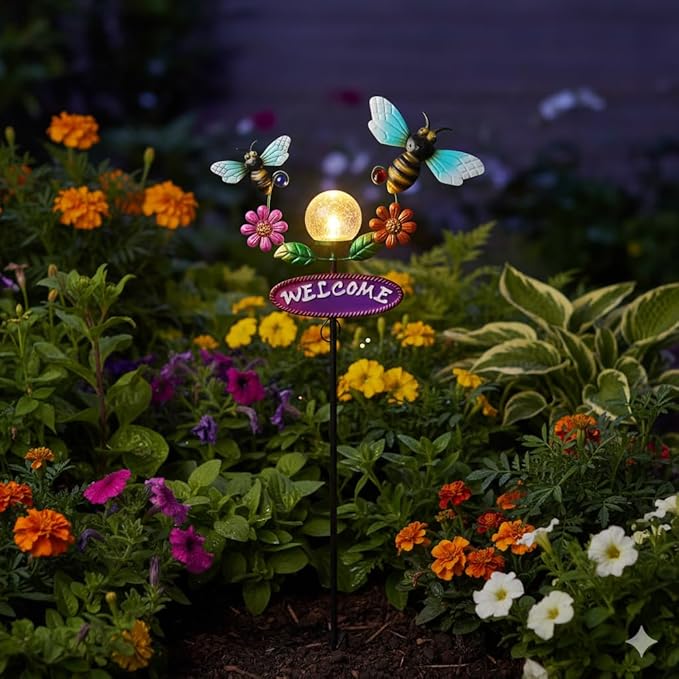 Solar Garden Stakes Metal Welcome Signs for Outside 31.1', 2 Flying Bees with Cracked Glass Ball,Decorative Garden Stakes for Lawn, Patio, Bee Gifts for Women