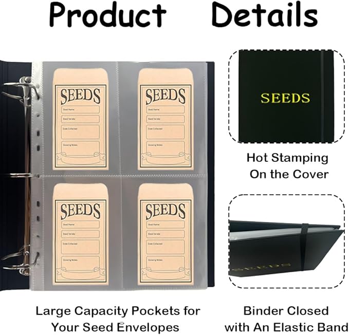 Extra Large Seed Storage Organizer Binder with 200 Clear Pockets(50 Pack Sheet Sleeves), 3 Ring Seed Packet Organizer, D-Ring Garden Seed Holder Book for Seed Envelopes, Plant Saver Flower Keeper