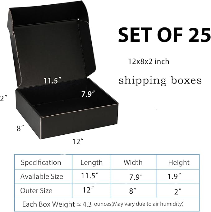 Small Shipping Boxes 12x8x2 Inch (25 Pack) - Sturdy Black Corrugated Cardboard Boxes for Small Business, Ecommerce, Mailing & Packaging | Recyclable Gift & Storage Boxes