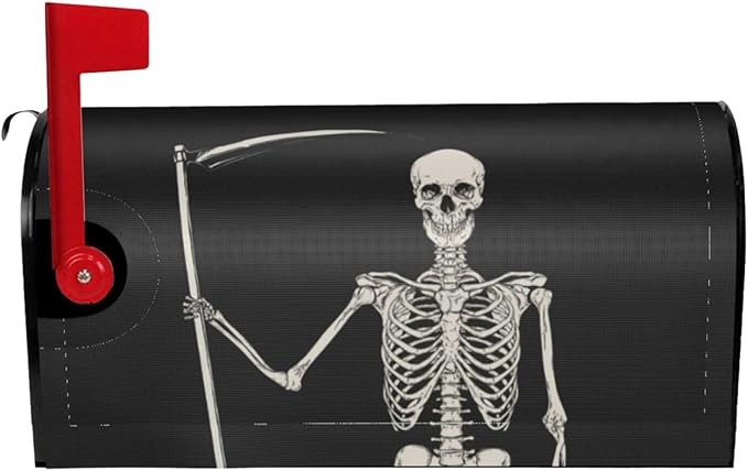 Happy Halloween Skull Mailbox Cover, Skeleton 21x18 Inch Magnetic Mailbox Covers, Black Standard Size Mailbox Wrap Post Letter Box Cover Mailbox Post Cover for Garden Yard Decor