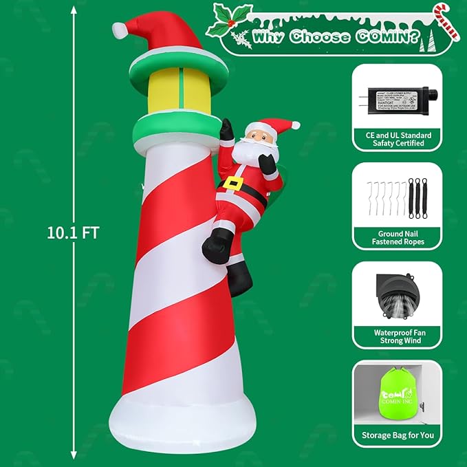 COMIN 10.1 FT Christmas Decorations Outdoor Inflatables Santa Claus Climb The Lighthouse Blowups with Built-in LEDs for Yard Party Lawn Decor