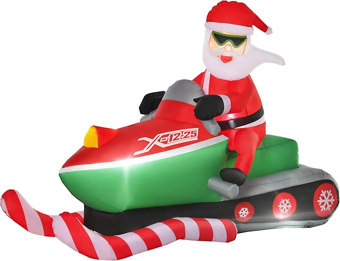 HOMCOM 7ft Christmas Inflatables Outdoor Decorations Santa Claus Driving a Snowmobile, Blow-Up Yard Christmas Decor with LED Lights Display