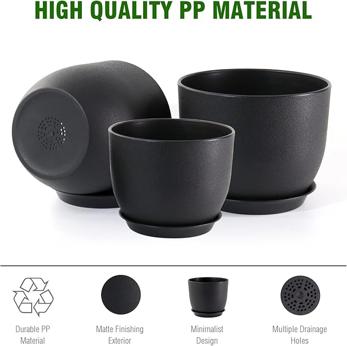 Modern Plant Pots Set, 9/8/7.5 inch Plastic Planters for Indoor Plants, Stylish Flower Pots with Drainage Holes and Saucers for House Plants and Flowers, Black