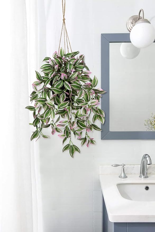 Briful Fake Hanging Plants 17.7" Faux Watermelon Peperomia Silk Plants with Black Pot Artificial Hanging Greenery for Home Garden Balcony Outdoor Patio Decor