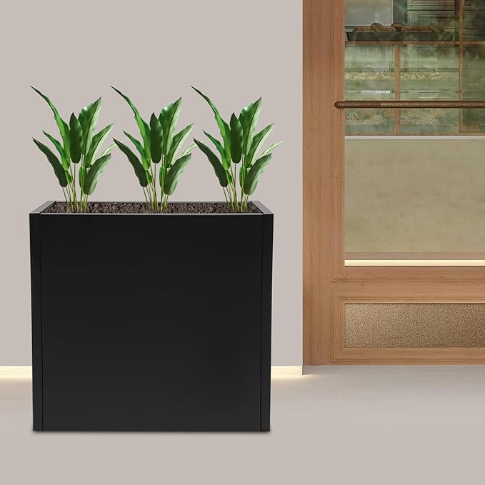 Metallic Heavy Outdoor/Indoor Planter Box, Seamless Large Metal Planter for Tall Trees, Plants, Flowers, No Assembly Required (Black, 24 * 10 * 24 inch)