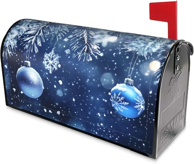 Festive Magnetic Mailbox Cover Blue Ball Christmas Pattern Outdoor Mailbox Protector Holiday Seasonal Decorative Garden Yard Home Standard Size 21 x 18 Inch