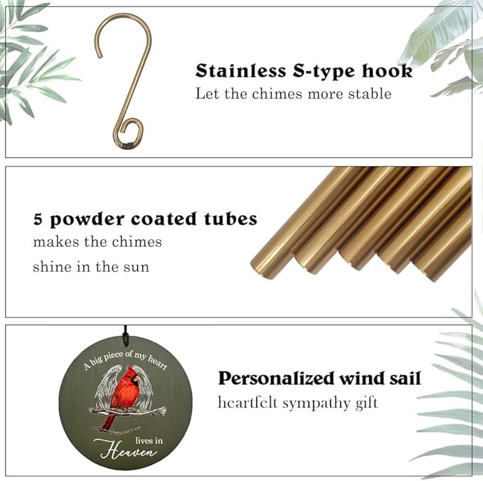 Personalized Cardinal Wind Chimes, 36inch Memorial Wind Chimes, Heaven Wings Custom Sympathy Gifts, in Loving Memory of Dad/Mom, Wind Chime for Loss of Loved Ones (Produced in USA)